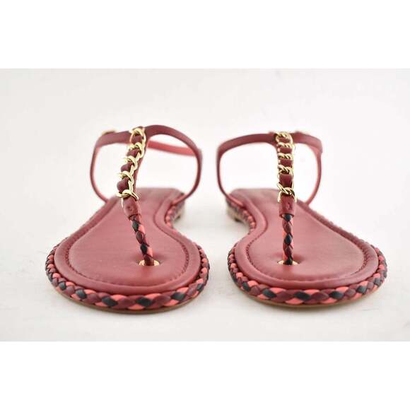 Chanel Red Braided Gold CC Logo Chain Thong Ankle Strap Slide Sandal Flat 36C - Picture 4 of 10